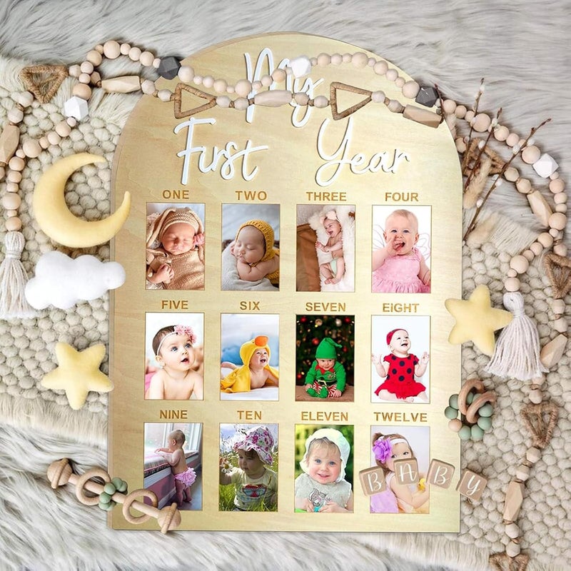 FLhdM My First Year Photo Frame Board, 1st Birthday Girl Boy Gifts, Newborn Newmom Gift, 1 Year Old Girls Gifts, One Year Birthday Party Decorations, Baby Shower Baptism Favors, 12 Months Milestone - Image 5